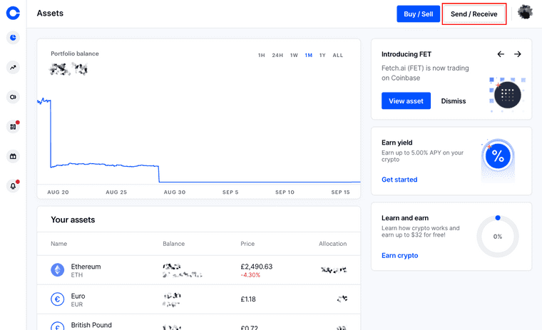 Click the Send / Receive button from the Coinbase dashboard.