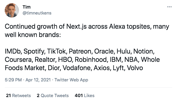 Many well known brands are adopting Next.js