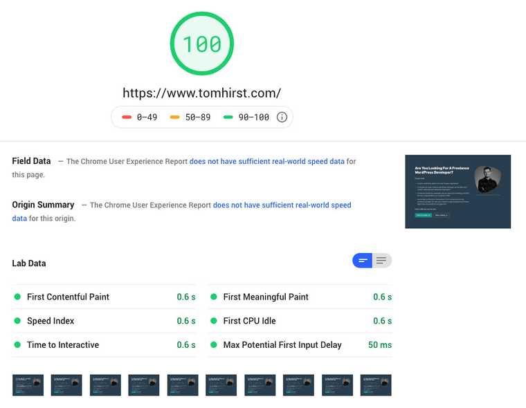 tomhirst.com 100 page speed score
