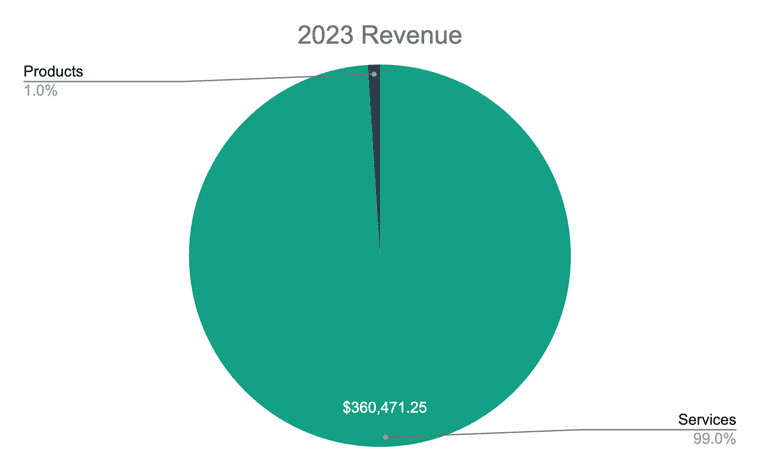 A pie chart showing Tom Hirst’s personal company revenue split between services and products for 2023.