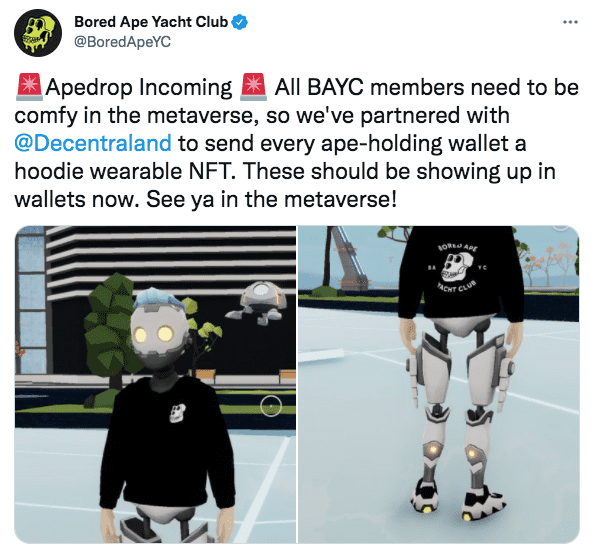 BAYC hoodies to be used in Decentraland were gifted to Ape owners.