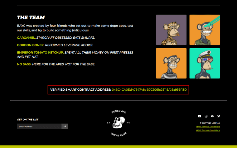 The BAYC website showing the project's smart contract address.