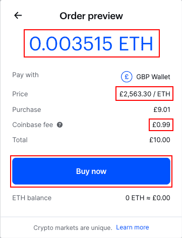 Note how much ETH you'll receive, check the exchange rate and fees. If you're happy to proceed, click Buy now.