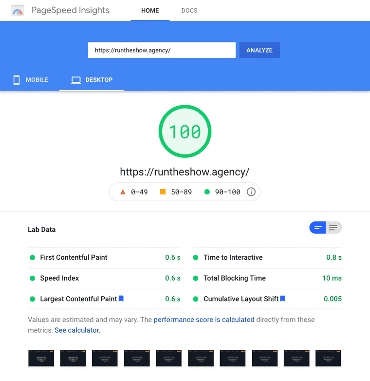 A perfect Google PageSpeed Insights score for Run The Show on desktop using Headless WordPress with Next.js