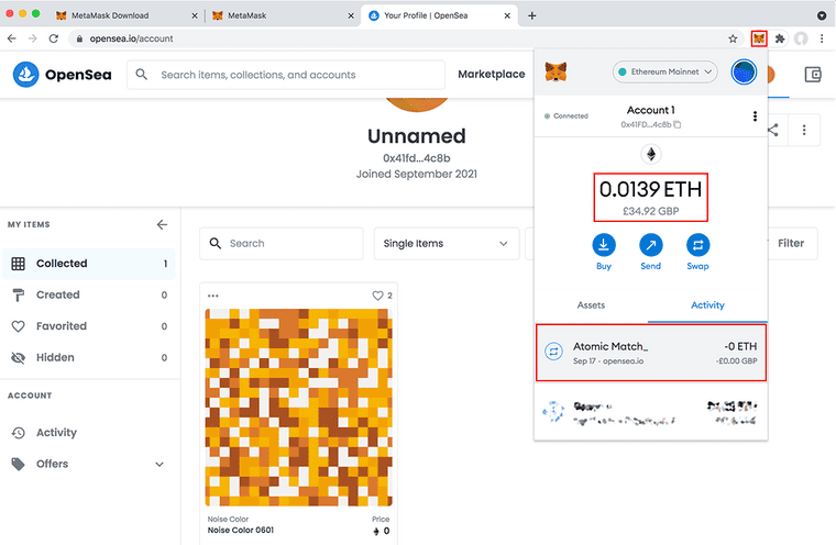 Click on the MetaMask fox icon. You'll notice that your ETH balance has reduced based on what you paid for the NFT. You'll also see the OpenSea transaction in your activity log.
