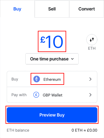 Select Ethereum, add the amount you want to buy and click Preview Buy.