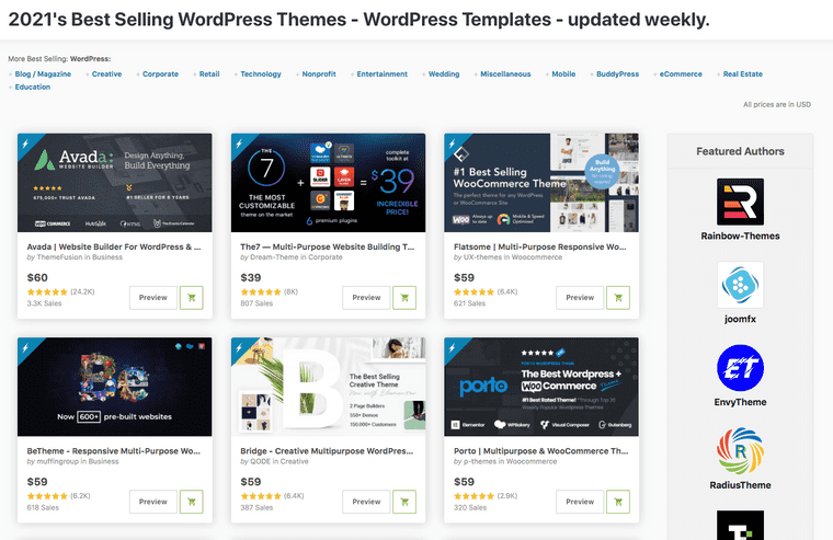 Popular WordPress themes on ThemeForest