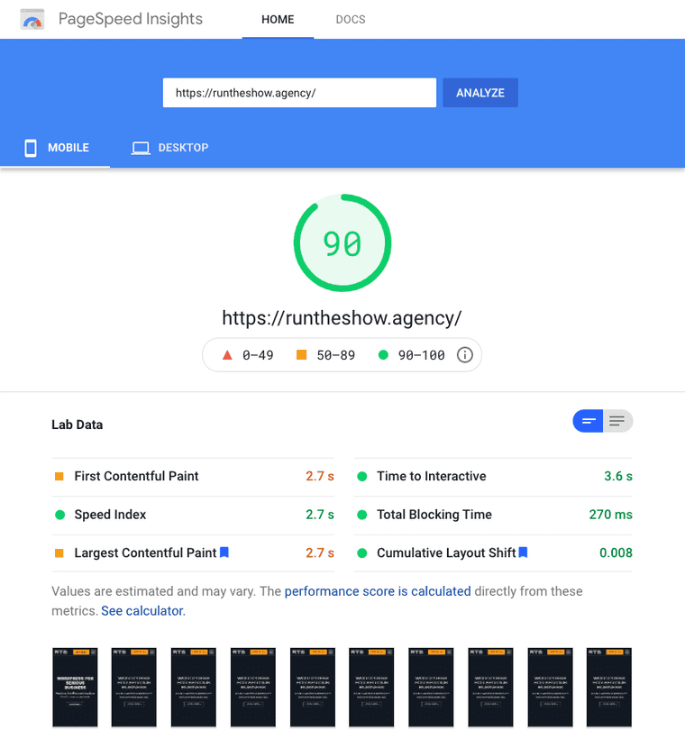 A solid PageSpeed Insights score for Run The Show on mobile using headless WordPress with Next.js, too