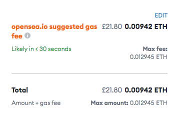MetaMask displays estimated gas cost and transaction time pre-confirmation.