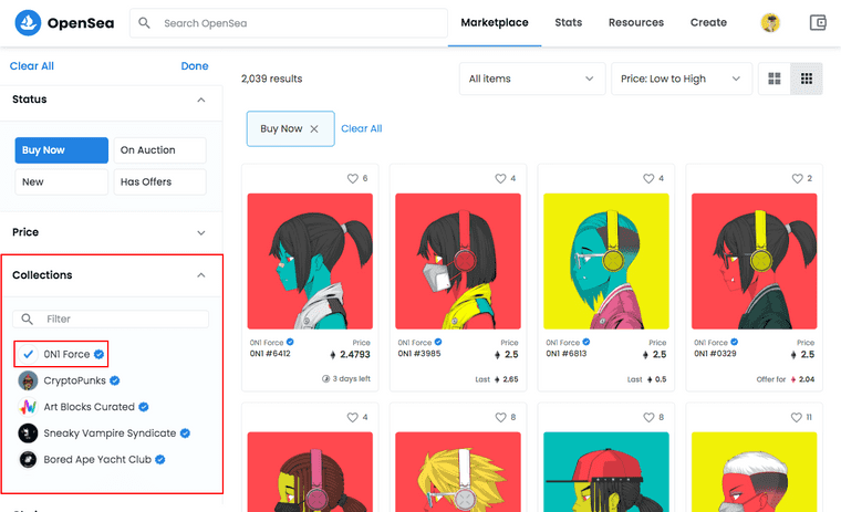 Filtering down to a specific collection, alongside Buy Now and Price: Low to High allows you to see the cheapest NFTs in a set.