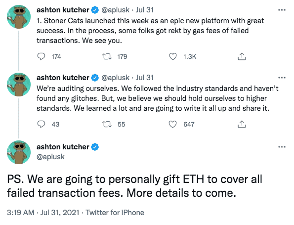 Stoner Cats founder, Ashton Kutcher, discusses the project's gas problems on Twitter.