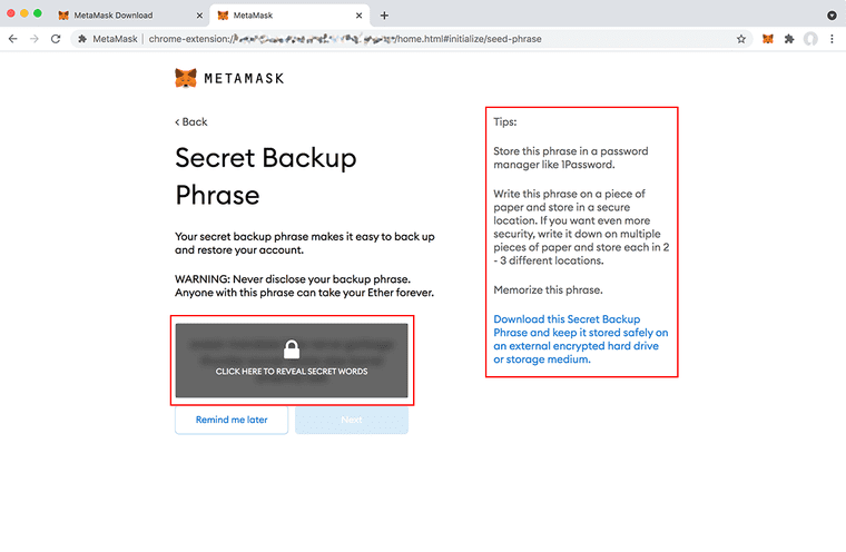 This step is important. MetaMask will give you a series of words that make up your secret phrase. This acts as the only recovery system for your wallet. Anyone with this information can gain access to your wallet, your ETH and your NFTs. So guard it closely and never share it with anyone. Take noticed of the tips on this screen before you proceed to keep your secret phase safe.) that you can use.