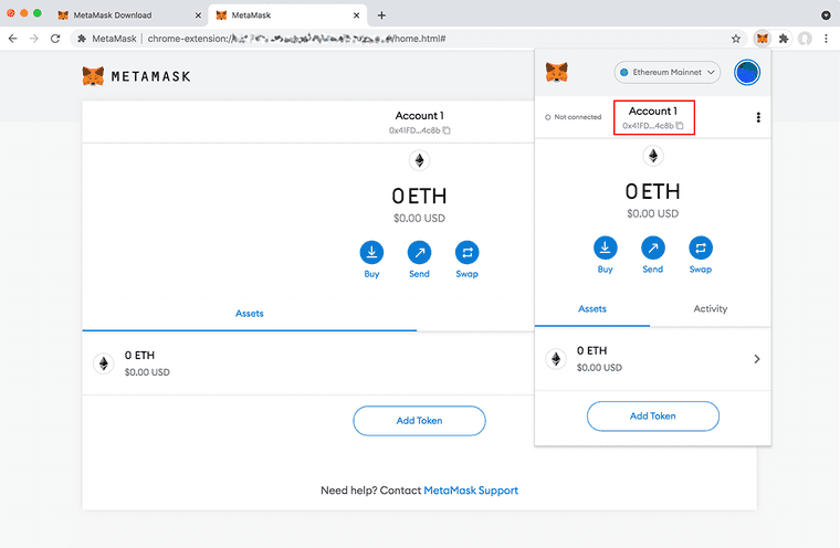 After completing a simple game to confirm your secret phase has been noted, MetaMask will present your empty wallet. You can view this page in the whole browser window or as a pop up window the next time you click the fox icon. The hash below your account name is your wallet address. Clicking this copies it to your clipboard.